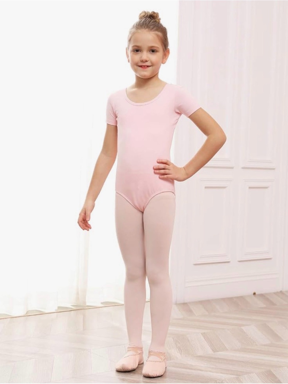 Stelle Girls Pink Short Sleeve Ballet Leotard with Bow Detail Sz 6/7